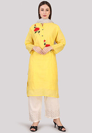 Embroidered Art Tussar Silk Pakistani Suit in Yellow