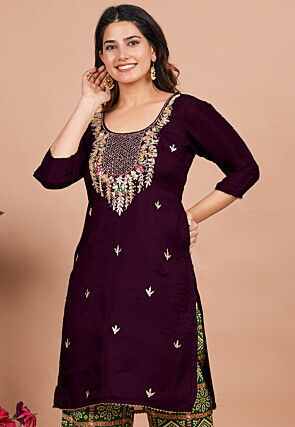 Embroidered Art Upada Silk Straight kurta in Wine