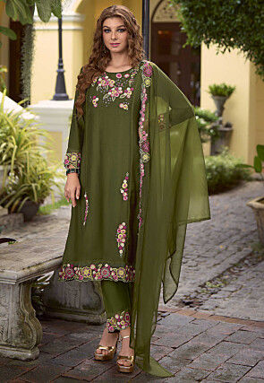 Embroidered Art Viscose Silk Pakistani Suit in Green