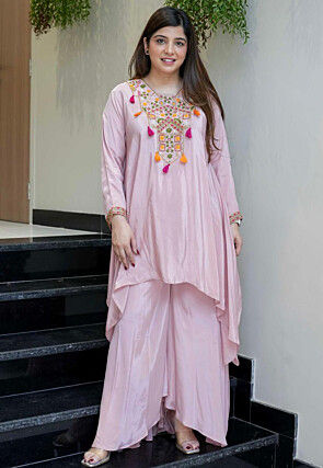 Embroidered Asymmetric Crepe Pakistani Suit in Light Pink