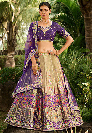 Embroidered Banarasi Silk Lehenga in Beige