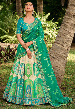 Embroidered Banarasi Silk Lehenga in Beige