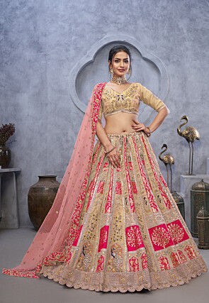 Embroidered Banarasi Silk Lehenga in Light Beige and Fuchsia