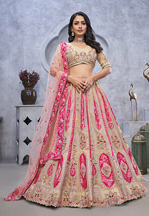 Embroidered Banarasi Silk Lehenga in Light Beige and Fuchsia