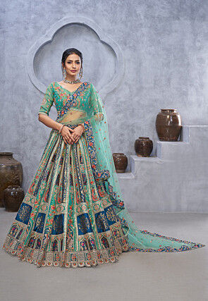 Embroidered Banarasi Silk Lehenga in Teal Green and Blue