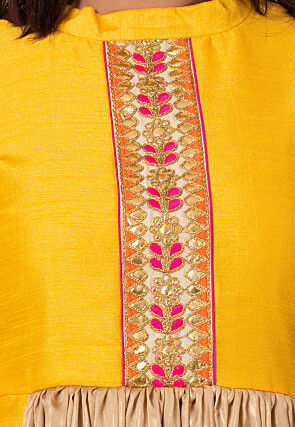 Embroidered Bhagalpuri Silk A Line Kurta in Mustard and Beige