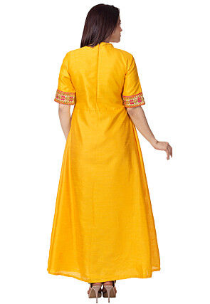 Embroidered Bhagalpuri Silk A Line Kurta in Mustard and Beige