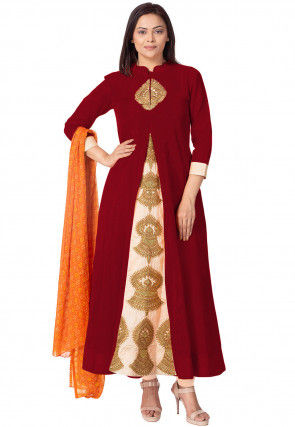 Embroidered Bhagalpuri Silk Anarkali Suit in Maroon and Beige