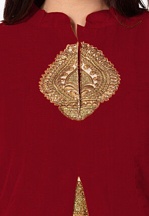 Embroidered Bhagalpuri Silk Anarkali Suit in Maroon and Beige