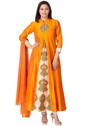 Embroidered Bhagalpuri Silk Anarkali Suit in Orange and Beige