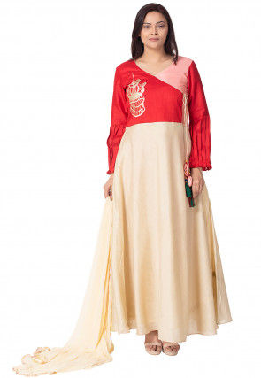 Embroidered Bhagalpuri Silk Abaya Style Suit in Cream and Red