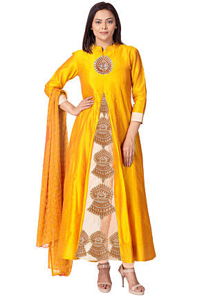 Embroidered Bhagalpuri Silk Anarkali Suit in Orange and Beige