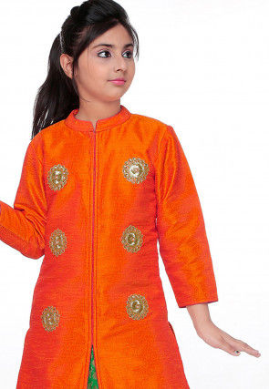 Embroidered Bhagalpuri Silk Lehenga in Orange and Green