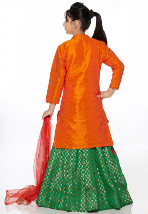 Embroidered Bhagalpuri Silk Lehenga in Orange and Green