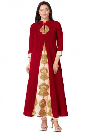 Embroidered Bhagalpuri Silk Long Kurta in Red and Beige