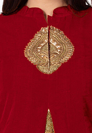 Embroidered Bhagalpuri Silk Long Kurta in Red and Beige
