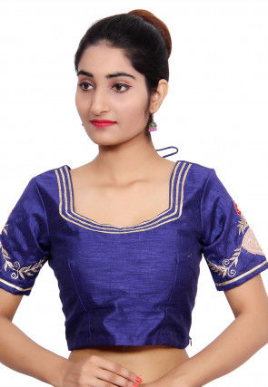 Embroidered Bhagalpuri Silk Padded Blouse in Navy Blue
