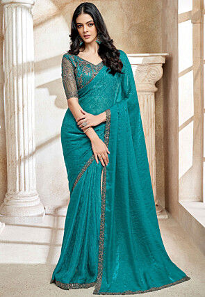 Embroidered Border Art Silk Jacquard Saree in Blue