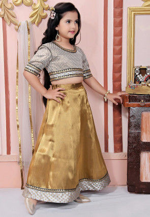 Embroidered Border Art Silk Lehenga in Golden
