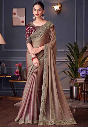 Embroidered Border Art Silk Saree in Beige