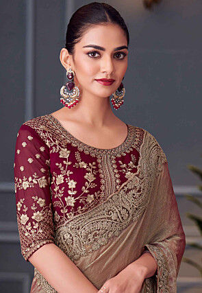 Embroidered Border Art Silk Saree in Beige