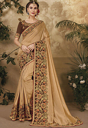 Embroidered Border Art Silk Saree in Beige