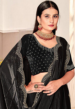 Embroidered Border Art Silk Saree in Black