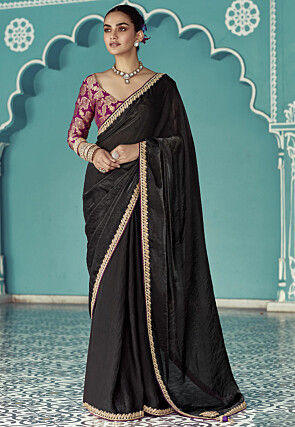 Embroidered Border Art Silk Saree in Black