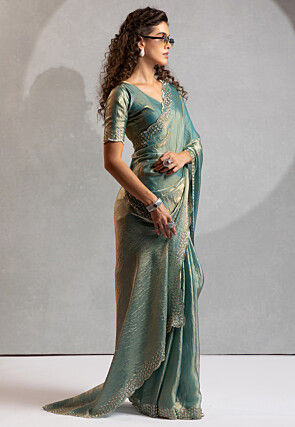 Embroidered Border Art Silk Saree in Blue