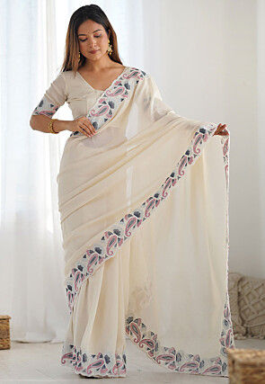 Embroidered Border Art Silk Saree in Cream
