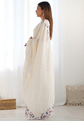 Embroidered Border Art Silk Saree in Cream