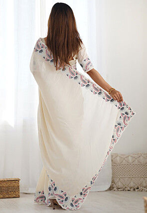 Embroidered Border Art Silk Saree in Cream