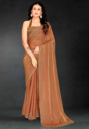 Embellished Georgette Shimmer Saree in Dark Beige