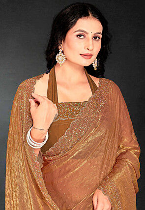 Embellished Georgette Shimmer Saree in Dark Beige