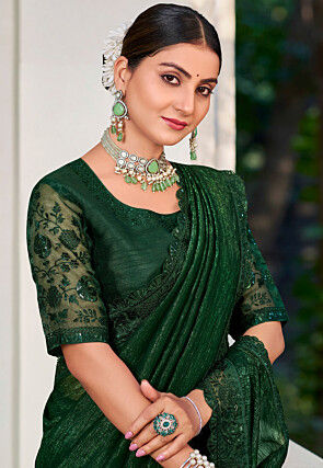 Embroidered Border Art Silk Saree in Dark Green