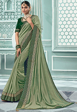 Embroidered Border Art Silk Saree in Dusty Green