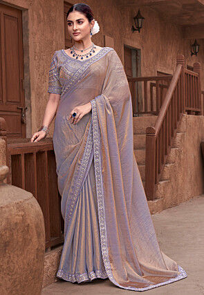 Embroidered Border Art Silk Saree in Golden and Purple