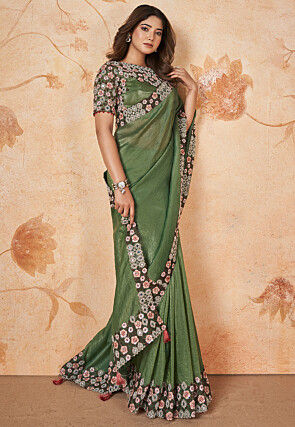 Embroidered Border Art Silk Saree in Green