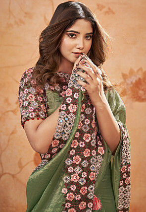 Embroidered Border Art Silk Saree in Green