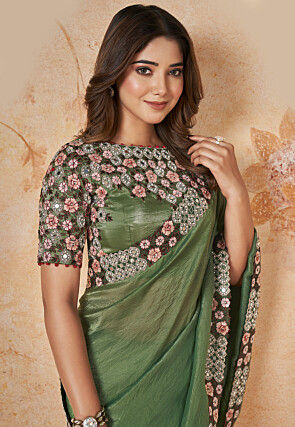 Embroidered Border Art Silk Saree in Green