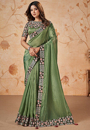 Embroidered Border Art Silk Saree in Green