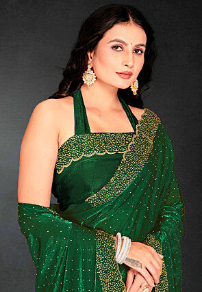 Embellished Georgette Shimmer Saree in Green