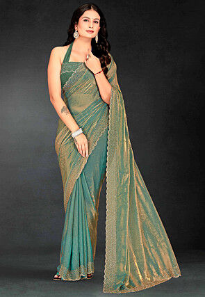 Embellished Georgette Shimmer Saree in Green