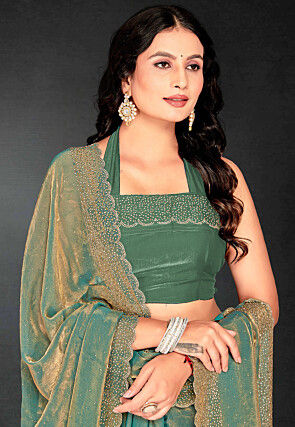 Embellished Georgette Shimmer Saree in Green