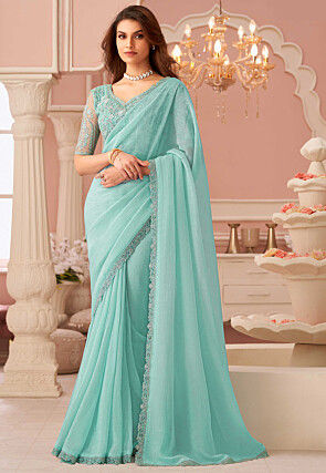 Embroidered Border Art Silk Saree in Light Blue