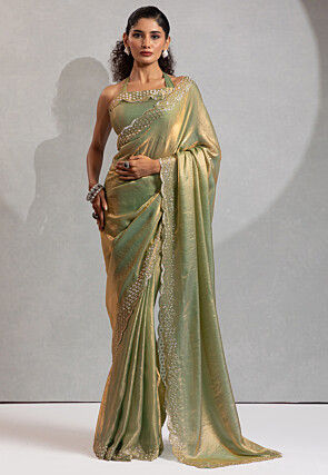 Embroidered Border Art Silk Saree in Light Green