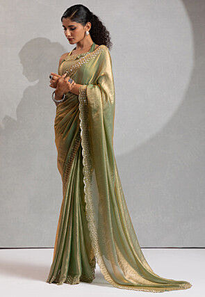 Embroidered Border Art Silk Saree in Light Green