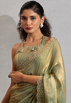 Embroidered Border Art Silk Saree in Light Green