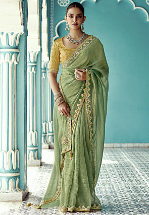 Embroidered Border Art Silk Saree in Light Green