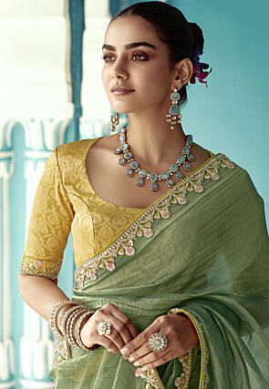 Embroidered Border Organza Saree in Light Green